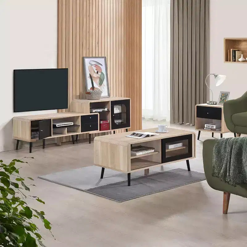 Kings Brand Furniture Nathan 3-Piece Living Room Set with TV Stand, Coffee Table & End Table, Modern Storage & Organization, Oak/Black Finish