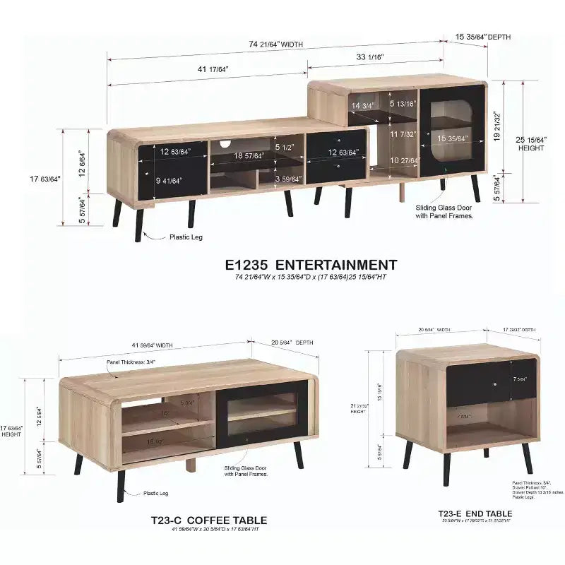 Kings Brand Furniture Ensemble de salon 3 pièces Nathan avec meuble TV, table basse et table d'appoint, rangement et organisation modernes, finition chêne/noir