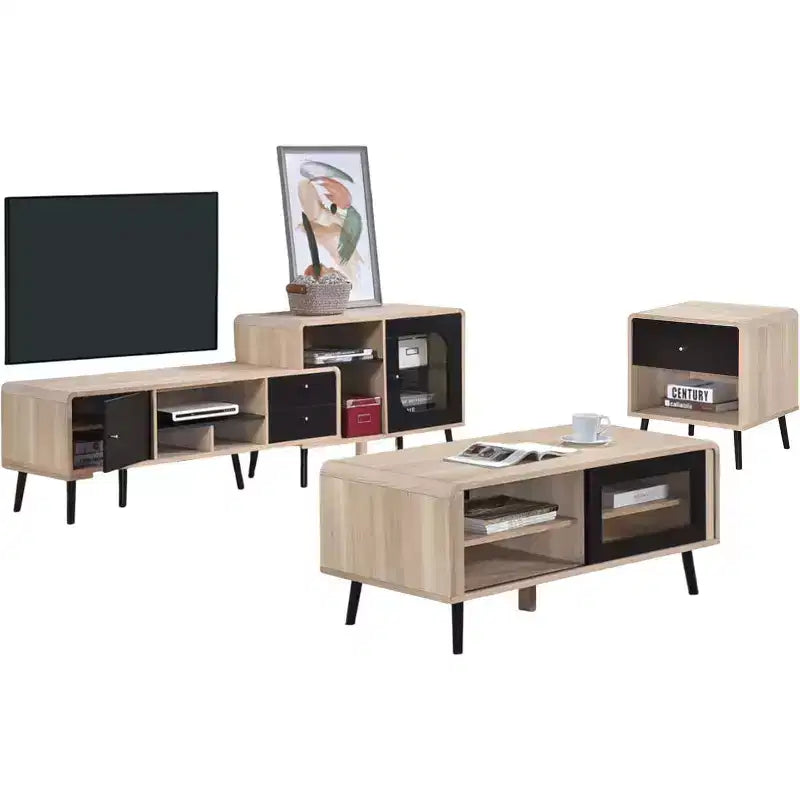 Kings Brand Furniture Ensemble de salon 3 pièces Nathan avec meuble TV, table basse et table d'appoint, rangement et organisation modernes, finition chêne/noir