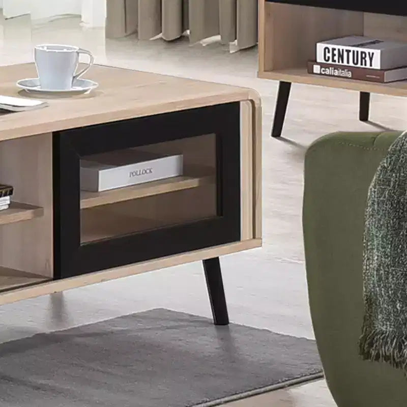 Kings Brand Furniture Ensemble de salon 3 pièces Nathan avec meuble TV, table basse et table d'appoint, rangement et organisation modernes, finition chêne/noir