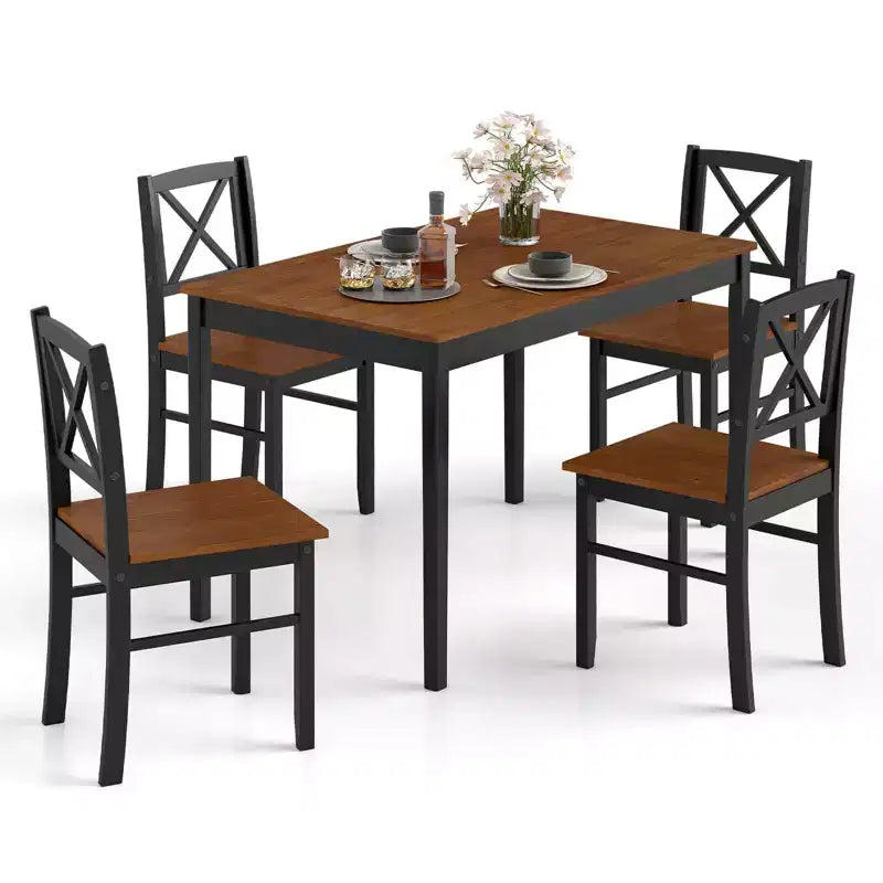 Ensemble table et 4 chaises de salle à manger Costway avec pieds en bois d'hévéa et dossier croisé