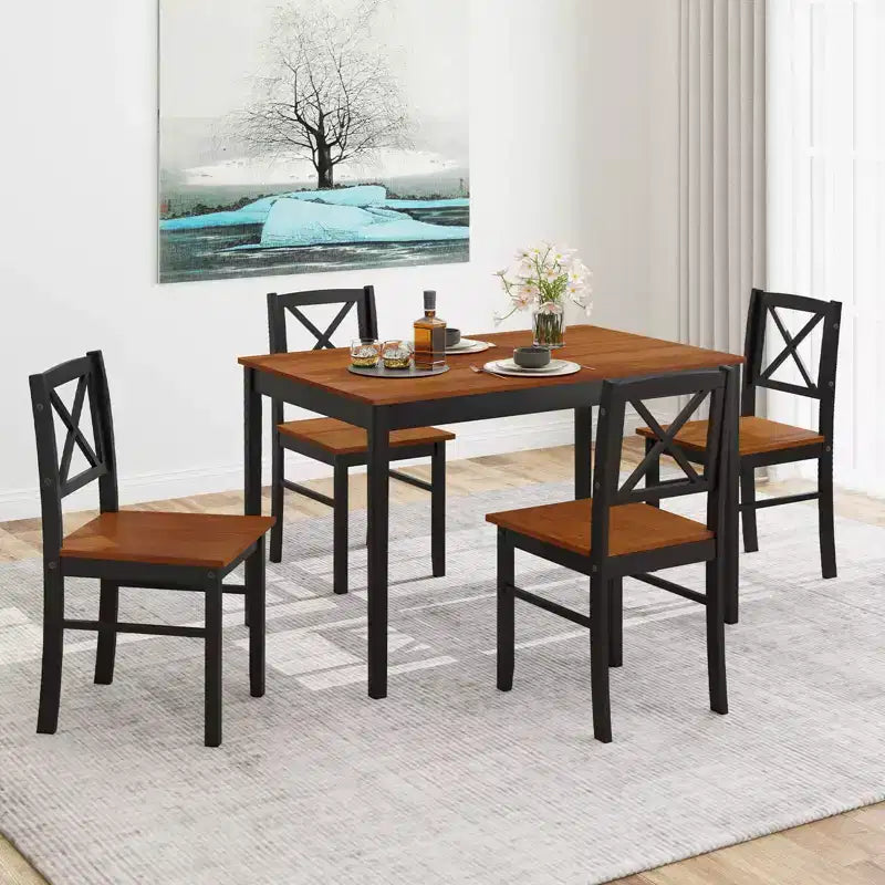 Ensemble table et 4 chaises de salle à manger Costway avec pieds en bois d'hévéa et dossier croisé