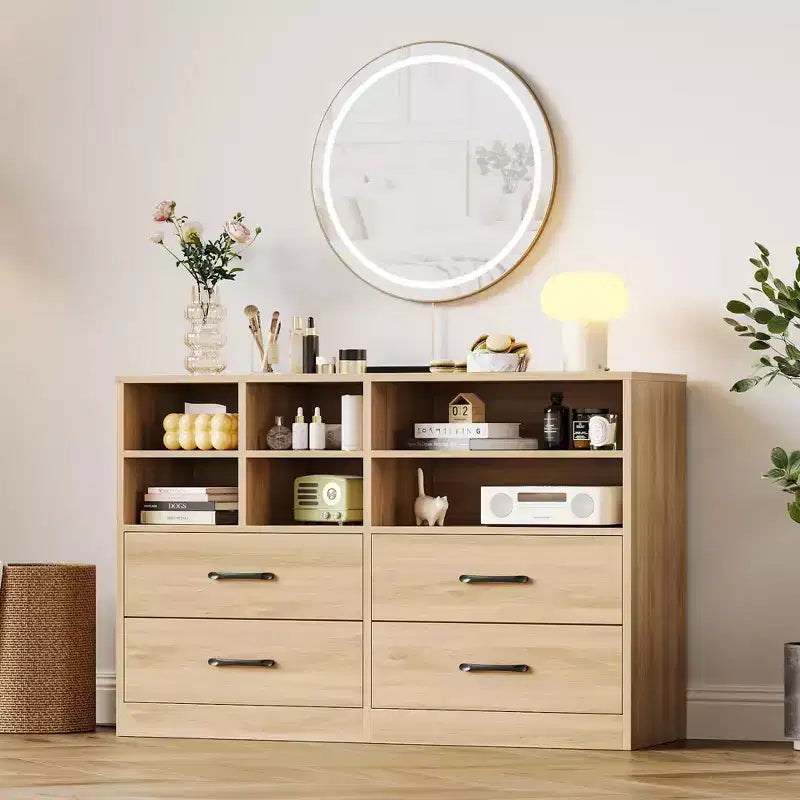 Commode moderne à 4 tiroirs avec étagères de rangement, meuble TV multifonctionnel et organisateur pour chambre et salon