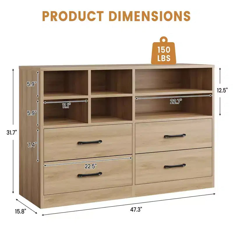Commode moderne à 4 tiroirs avec étagères de rangement, meuble TV multifonctionnel et organisateur pour chambre et salon