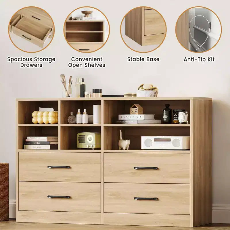 Commode moderne à 4 tiroirs avec étagères de rangement, meuble TV multifonctionnel et organisateur pour chambre et salon