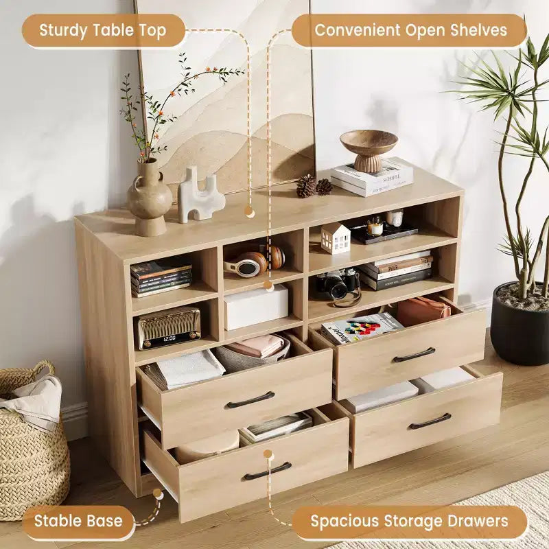 Commode moderne à 4 tiroirs avec étagères de rangement, meuble TV multifonctionnel et organisateur pour chambre et salon