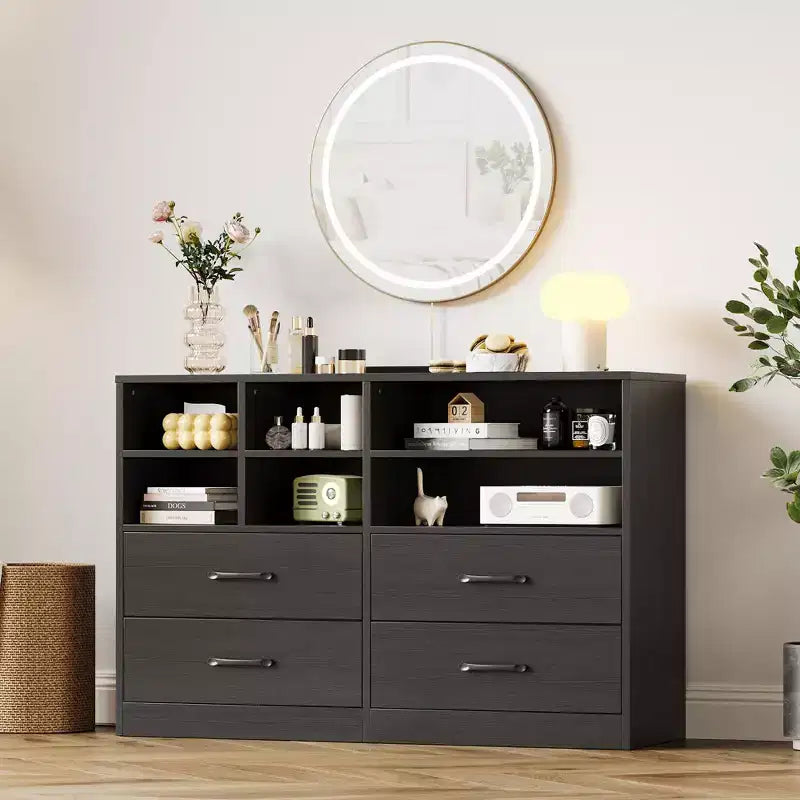 Commode moderne à 4 tiroirs avec étagères de rangement, meuble TV multifonctionnel et organisateur pour chambre et salon