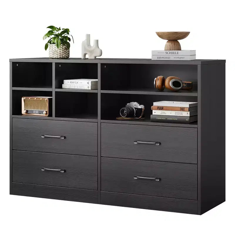 Commode moderne à 4 tiroirs avec étagères de rangement, meuble TV multifonctionnel et organisateur pour chambre et salon