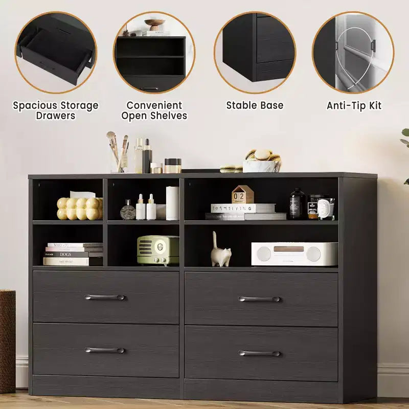 Commode moderne à 4 tiroirs avec étagères de rangement, meuble TV multifonctionnel et organisateur pour chambre et salon