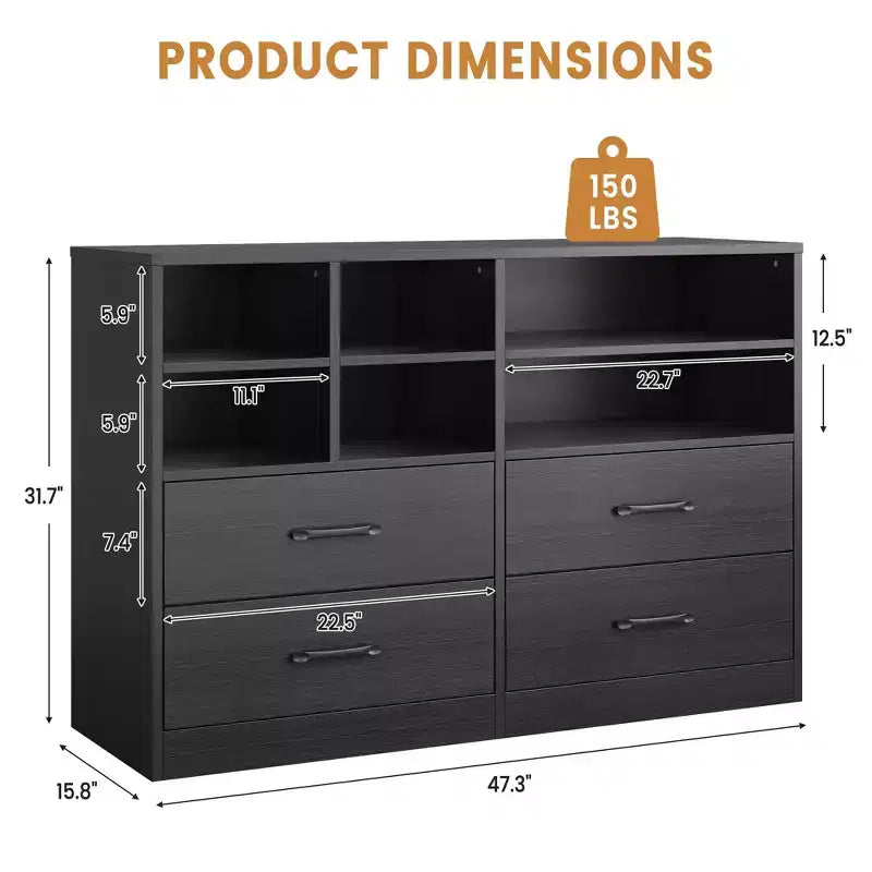 Commode moderne à 4 tiroirs avec étagères de rangement, meuble TV multifonctionnel et organisateur pour chambre et salon