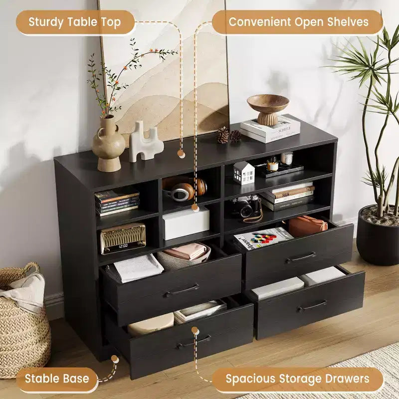 Commode moderne à 4 tiroirs avec étagères de rangement, meuble TV multifonctionnel et organisateur pour chambre et salon