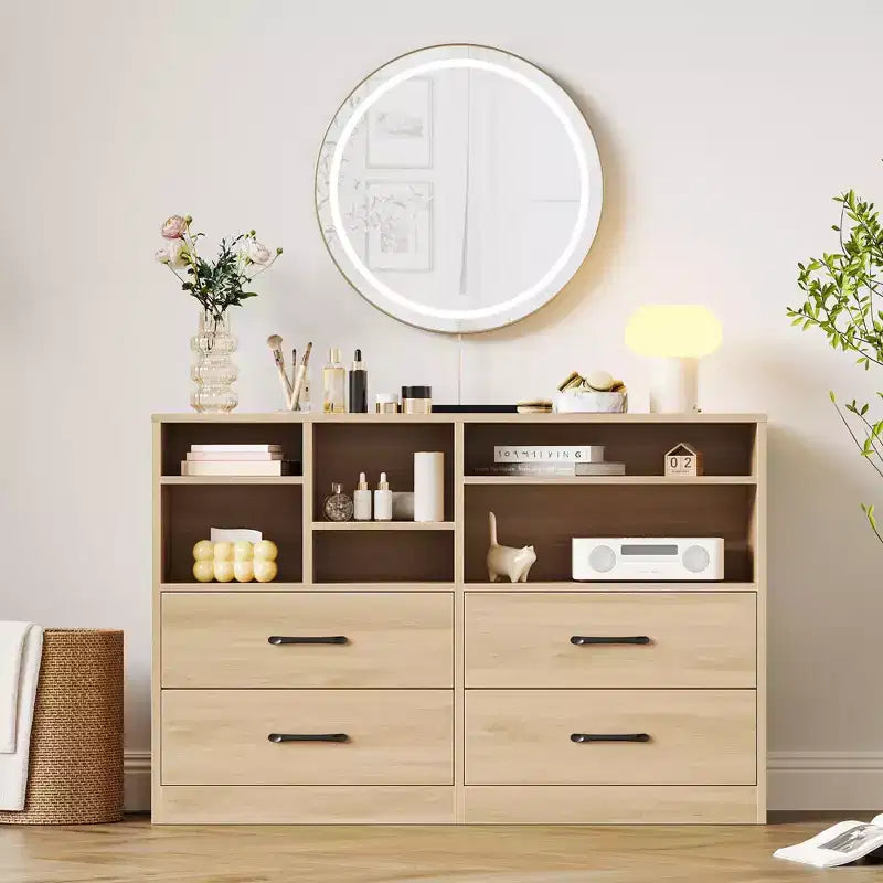 Commode moderne à 4 tiroirs avec étagères de rangement, meuble TV multifonctionnel et organisateur pour chambre et salon