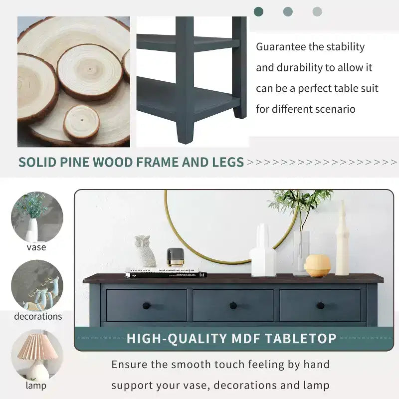 Table console de style rétro avec deux étagères ouvertes, cadre et pieds en bois de pin massif pour salon (Bleu Marine)