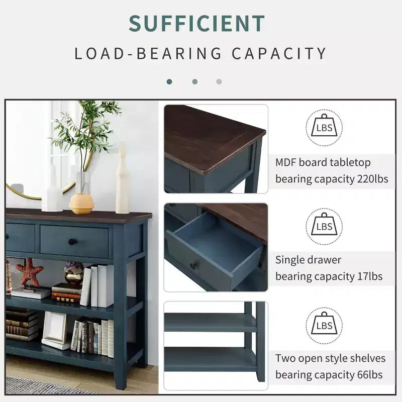 Table console de style rétro avec deux étagères ouvertes, cadre et pieds en bois de pin massif pour salon (Bleu Marine)