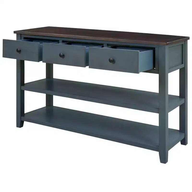 Table console de style rétro avec deux étagères ouvertes, cadre et pieds en bois de pin massif pour salon (Bleu Marine)
