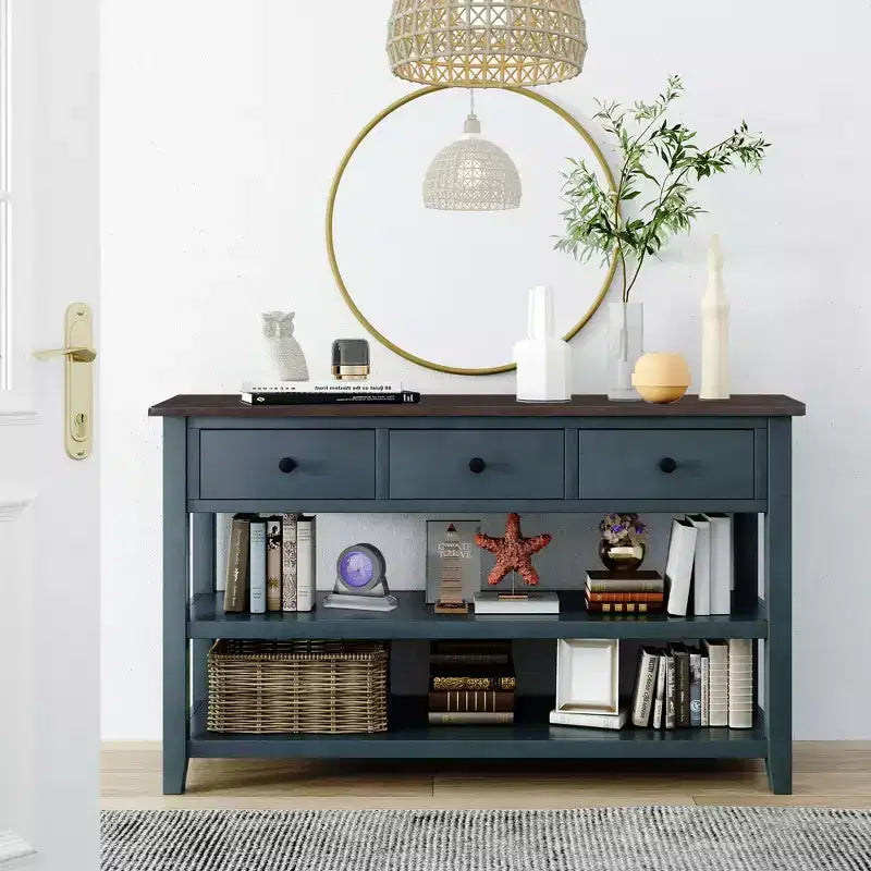 Table console de style rétro avec deux étagères ouvertes, cadre et pieds en bois de pin massif pour salon (Bleu Marine)