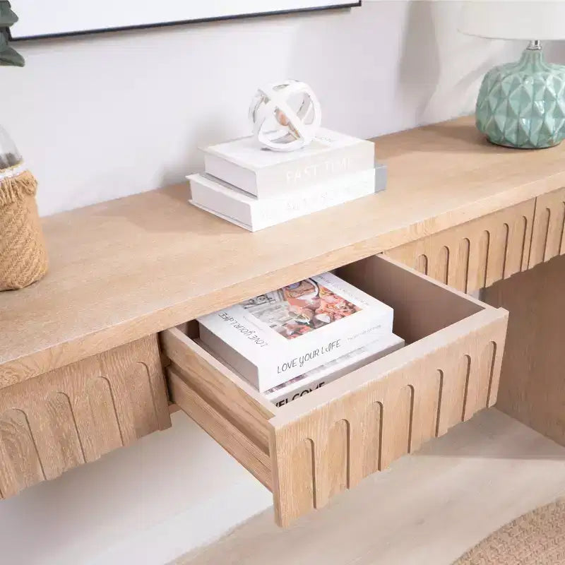 Table console moderne de 150 cm avec 4 tiroirs cachés, table d'entrée avec décoration arquée, table d'appoint pour salon, couloir