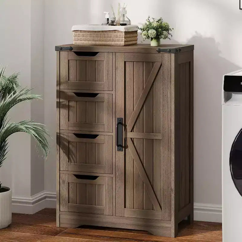 Meuble de salle de bain, Armoire de rangement autonome avec 4 tiroirs et 1 porte