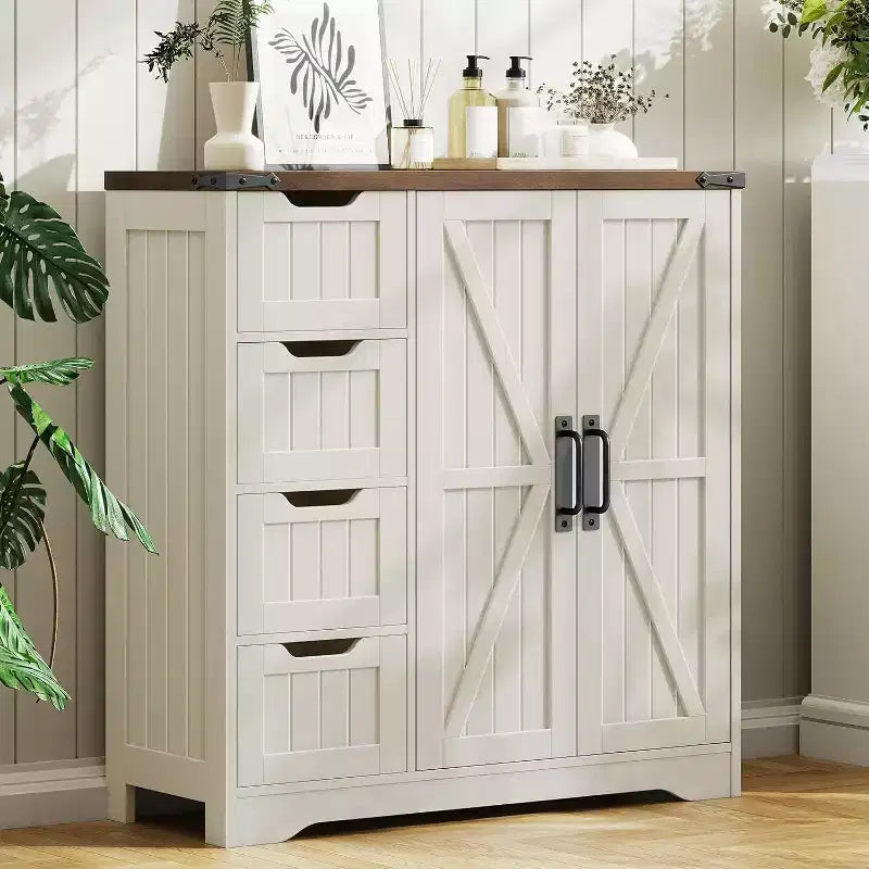 Meuble de salle de bain, Armoire de rangement autonome avec 4 tiroirs et 1 porte