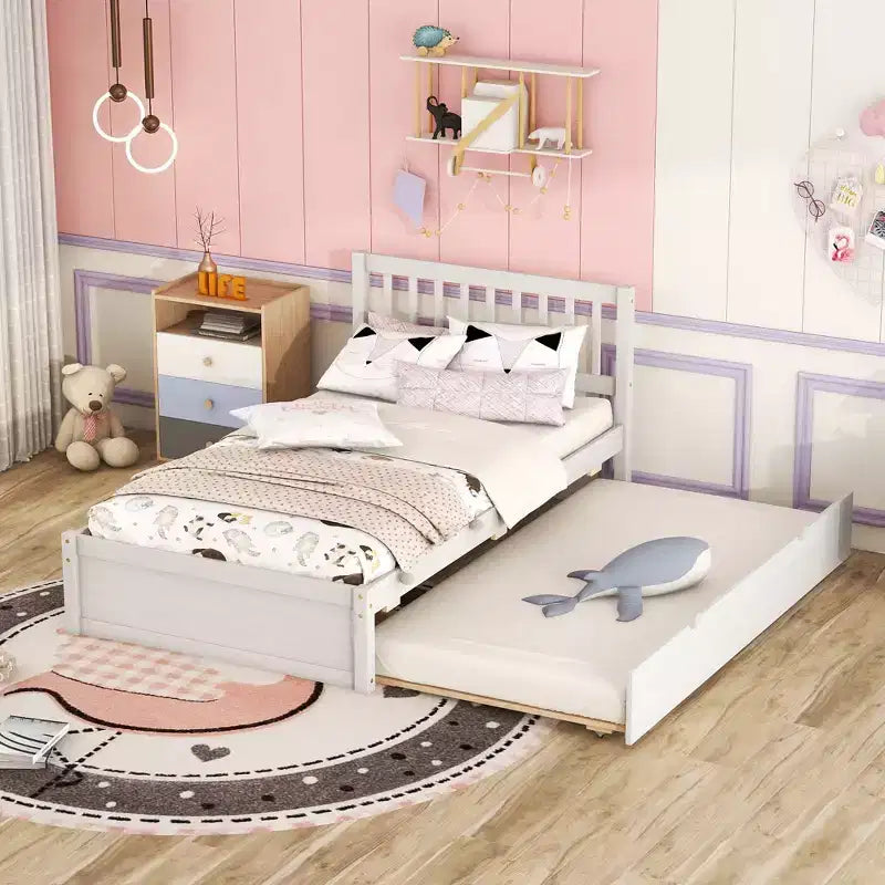Bellemave Twin Size Bed Frame with Trundle,Wood Platform Bed with Headboard,Twin Bed Frames for Kids,Teens,Adults,No Spring Needed, White Washed
