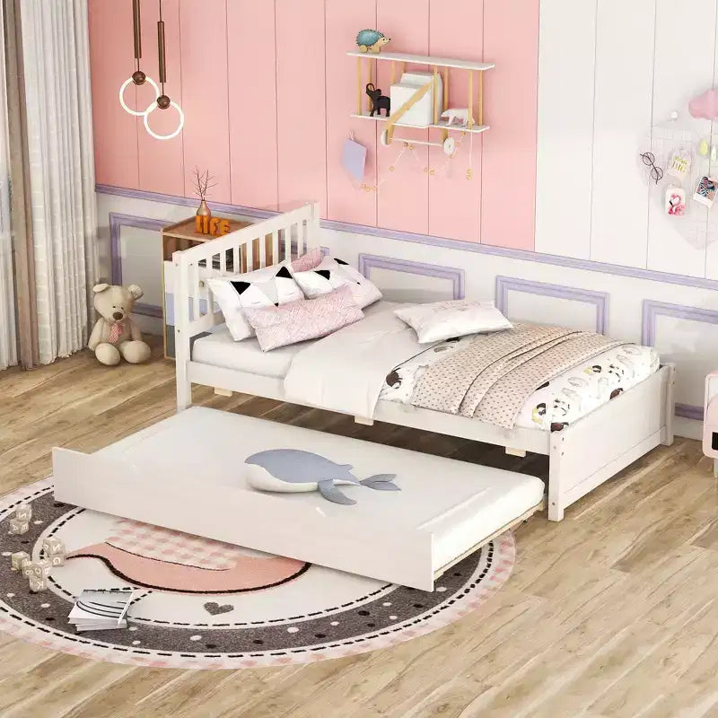 Cadre de lit double avec lit gigogne, lit plateforme en bois avec tête de lit, cadres de lit double pour enfants, adolescents, adultes, pas de sommier nécessaire, blanc vieilli