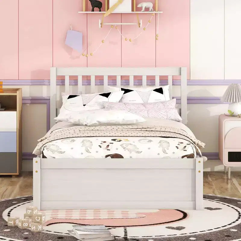 Twin Size Bed Frame with Trundle,Wood Platform Bed with Headboard,Twin Bed Frames for Kids,Teens,Adults,No Spring Needed, White Washed
