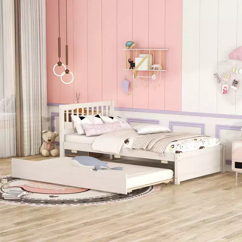 Cadre de lit double avec lit gigogne, lit plateforme en bois avec tête de lit, cadres de lit double pour enfants, adolescents, adultes, pas de sommier nécessaire, blanc vieilli