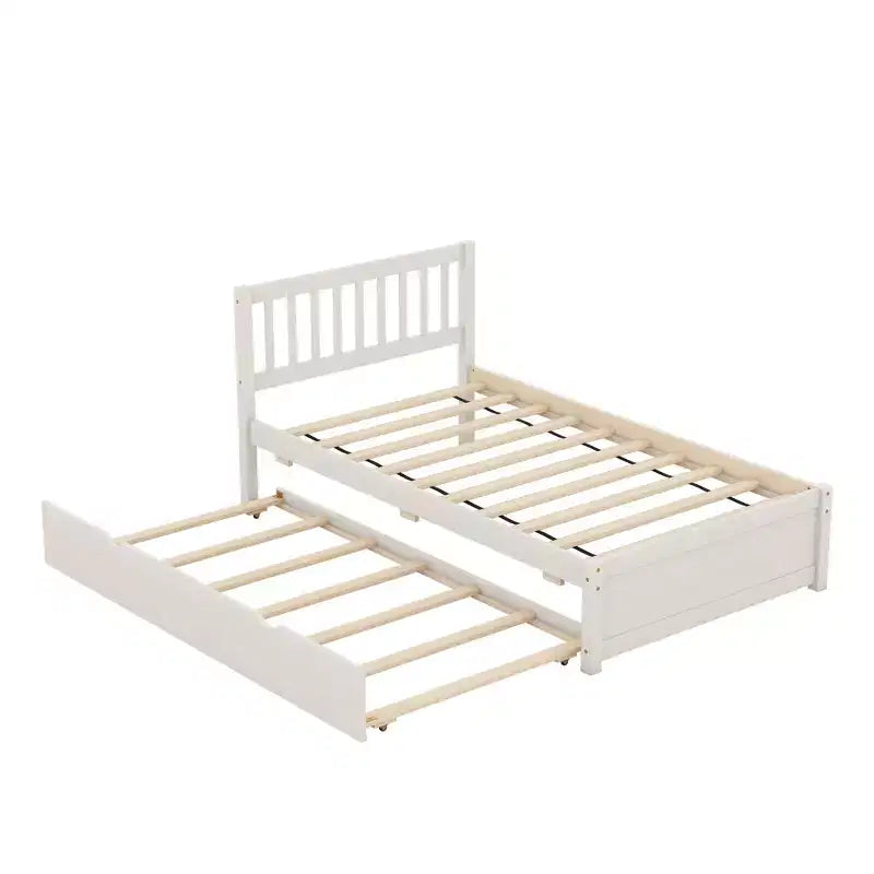 Cadre de lit double avec lit gigogne, lit plateforme en bois avec tête de lit, cadres de lit double pour enfants, adolescents, adultes, pas de sommier nécessaire, blanc vieilli