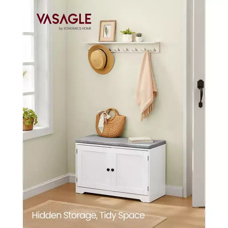 Banc de rangement à chaussures à 3 niveaux avec coussin, siège d'entrée de 81 cm avec étagères réglables et portes, blanc nuage