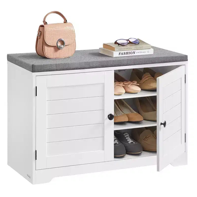 3-Tier Shoe Storage Bench with Cushion, 31.9 Inch Entryway Seat with Adjustable Shelves and Doors, Cloud White