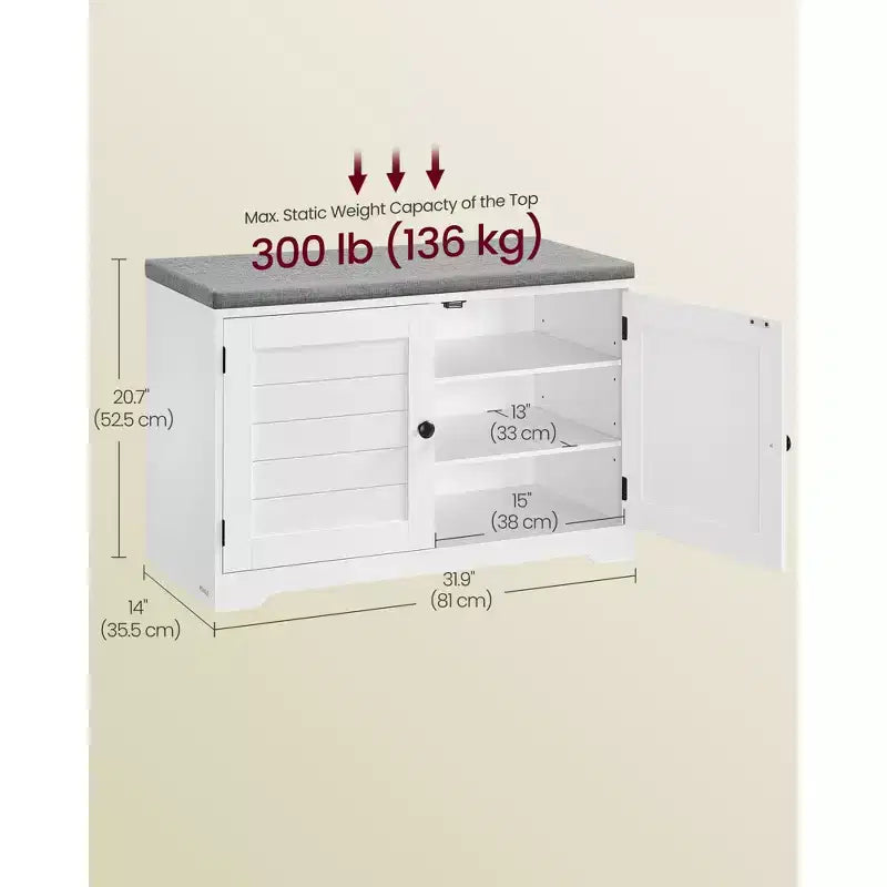 Banc de rangement à chaussures à 3 niveaux avec coussin, siège d'entrée de 81 cm avec étagères réglables et portes, blanc nuage
