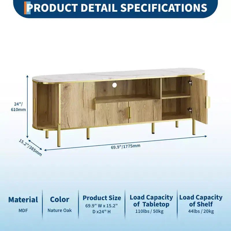 Meuble TV cannelé de 70 po avec plateau en faux marbre, Centre de divertissement pour téléviseurs jusqu'à 80 pouces, Console média en bois avec portes coulissantes à profil incurvé