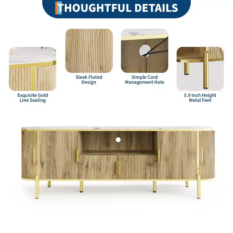 Meuble TV cannelé de 70 po avec plateau en faux marbre, Centre de divertissement pour téléviseurs jusqu'à 80 pouces, Console média en bois avec portes coulissantes à profil incurvé