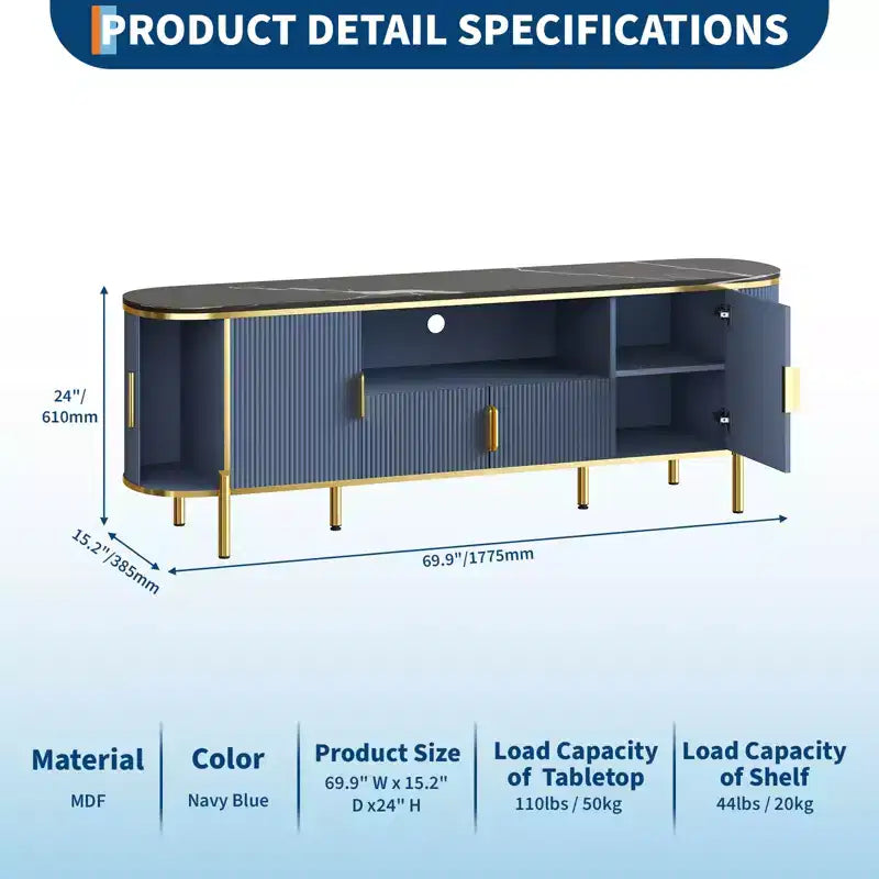 Meuble TV cannelé de 70 po avec plateau en faux marbre, Centre de divertissement pour téléviseurs jusqu'à 80 pouces, Console média en bois avec portes coulissantes à profil incurvé