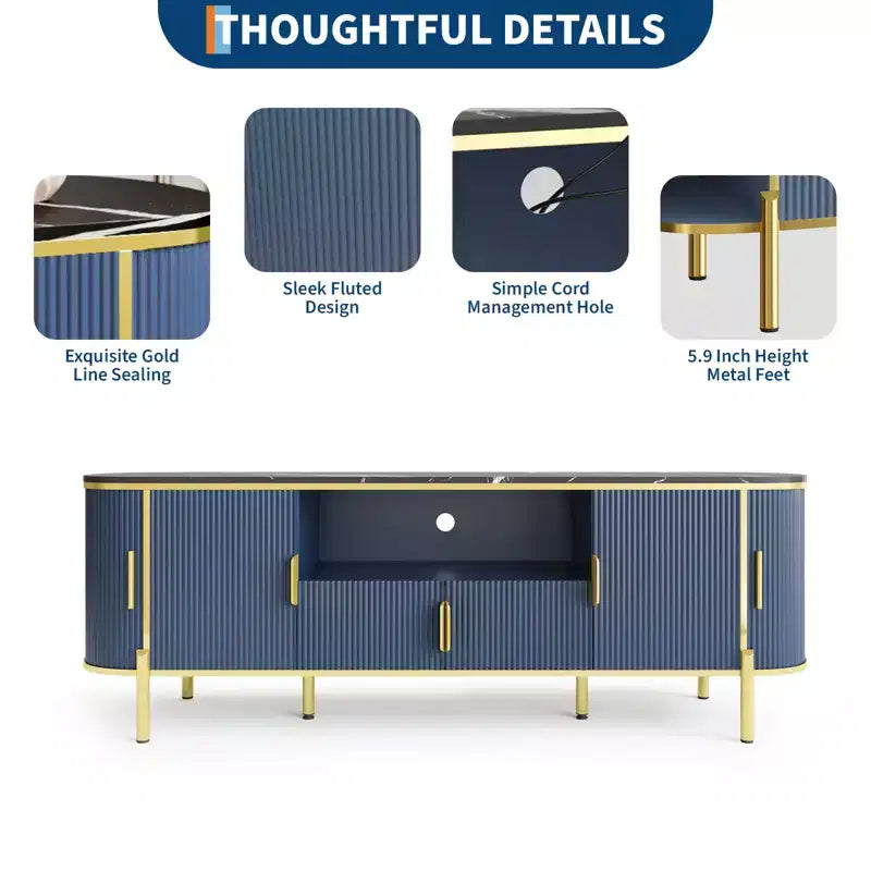 Meuble TV cannelé de 70 po avec plateau en faux marbre, Centre de divertissement pour téléviseurs jusqu'à 80 pouces, Console média en bois avec portes coulissantes à profil incurvé