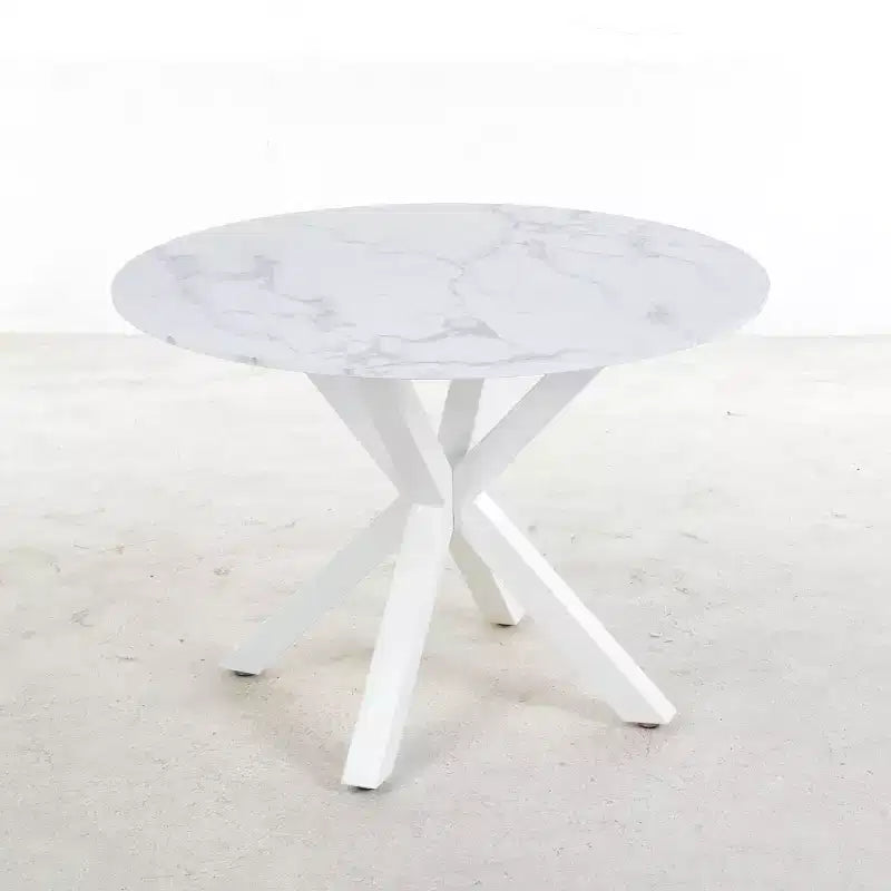 Table à manger rétro de 107 cm pour 4 à 6 personnes, table de cuisine avec plateau rond et pieds croisés, table ronde pour salon, salle à manger