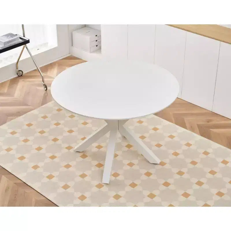 Table à manger rétro de 107 cm pour 4 à 6 personnes, table de cuisine avec plateau rond et pieds croisés, table ronde pour salon, salle à manger