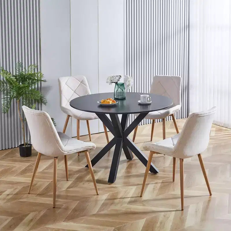 Table à manger rétro de 107 cm pour 4 à 6 personnes, table de cuisine avec plateau rond et pieds croisés, table ronde pour salon, salle à manger