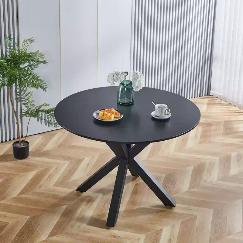Table à manger rétro de 107 cm pour 4 à 6 personnes, table de cuisine avec plateau rond et pieds croisés, table ronde pour salon, salle à manger