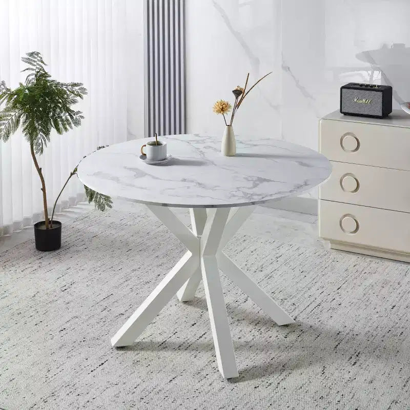 42.1IN Retro Dining Table for 4-6 people, Kitchen Table with Round Table Top and Cross Legs, Round Table for Living Room, Dining Room