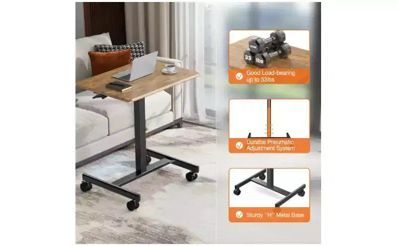 Bureau informatique réglable en hauteur de 64,7 cm avec roulettes, bureau debout avec base métallique en T, petit bureau pour chambre à coucher, salon