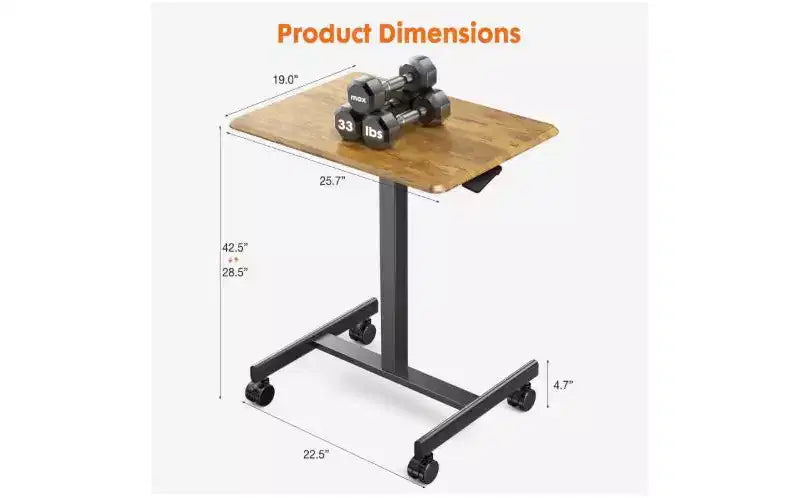 Bureau informatique réglable en hauteur de 64,7 cm avec roulettes, bureau debout avec base métallique en T, petit bureau pour chambre à coucher, salon