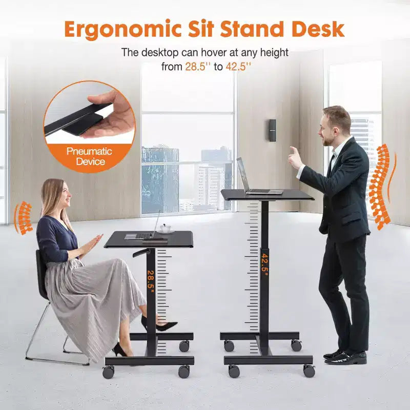 Bureau informatique réglable en hauteur de 64,7 cm avec roulettes, bureau debout avec base métallique en T, petit bureau pour chambre à coucher, salon