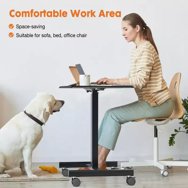 25.5IN Height-Adjustable Computer Desk with Wheels, Standing Desk with T-Shape Metal Base, Small Desk for Bedroom, Living Room