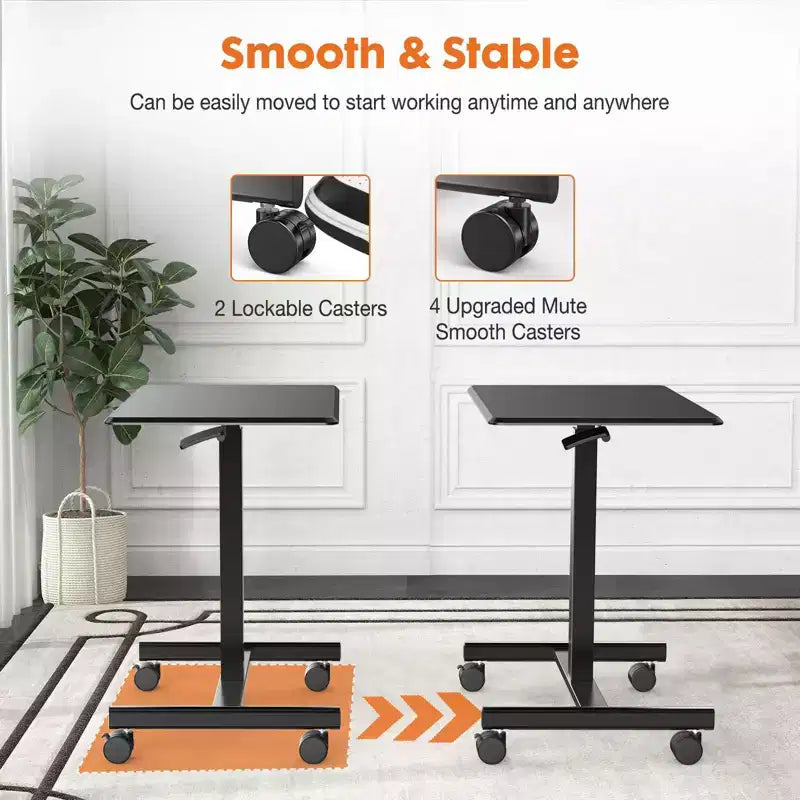 Bureau informatique réglable en hauteur de 64,7 cm avec roulettes, bureau debout avec base métallique en T, petit bureau pour chambre à coucher, salon