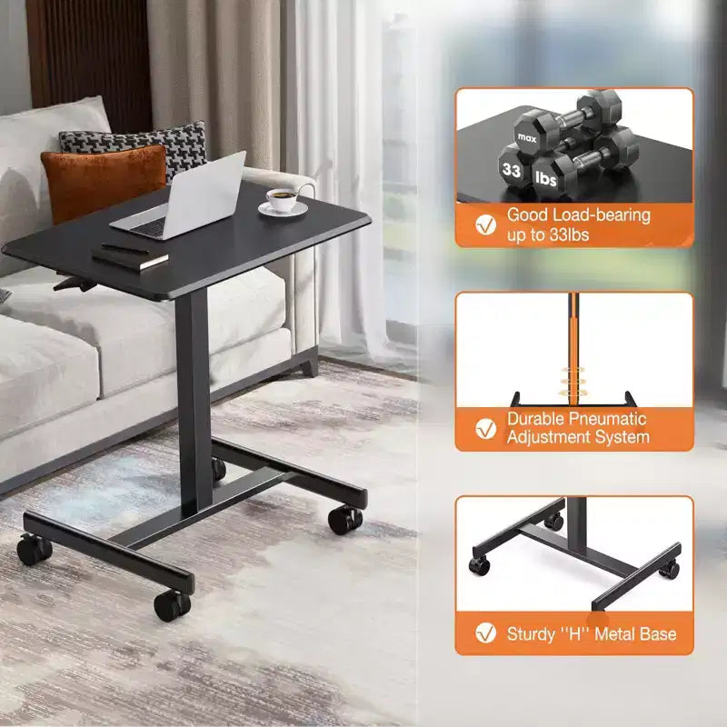 Bureau informatique réglable en hauteur de 64,7 cm avec roulettes, bureau debout avec base métallique en T, petit bureau pour chambre à coucher, salon