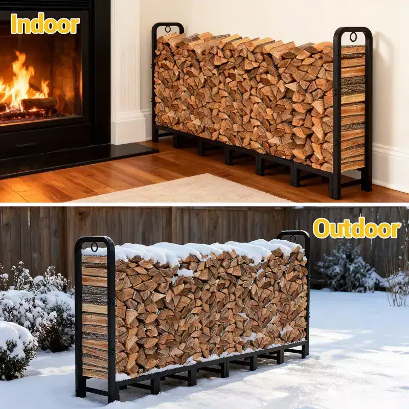 Range-bûches d'extérieur de 2,4 m, support de stockage de bois en métal, range-bûches réglable pour cheminée, patio, balcon, jardin, peut supporter jusqu'à 300 kg