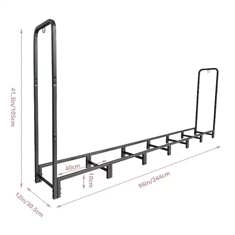Range-bûches d'extérieur de 2,4 m, support de stockage de bois en métal, range-bûches réglable pour cheminée, patio, balcon, jardin, peut supporter jusqu'à 300 kg