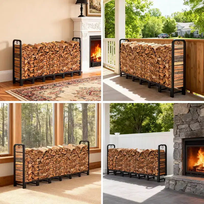Range-bûches d'extérieur de 2,4 m, support de stockage de bois en métal, range-bûches réglable pour cheminée, patio, balcon, jardin, peut supporter jusqu'à 300 kg