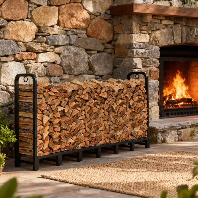 Range-bûches d'extérieur de 2,4 m, support de stockage de bois en métal, range-bûches réglable pour cheminée, patio, balcon, jardin, peut supporter jusqu'à 300 kg